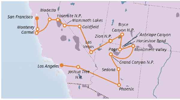 mappa tour meraviglie del West Usa